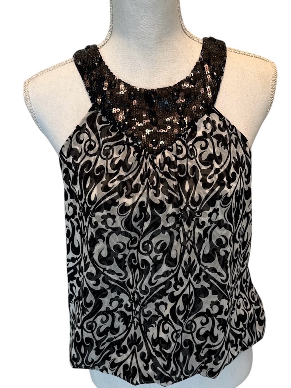 Y2K Sheer Damask Ruched Halter Top Sequin Gemstone Neckline Medium. EUC